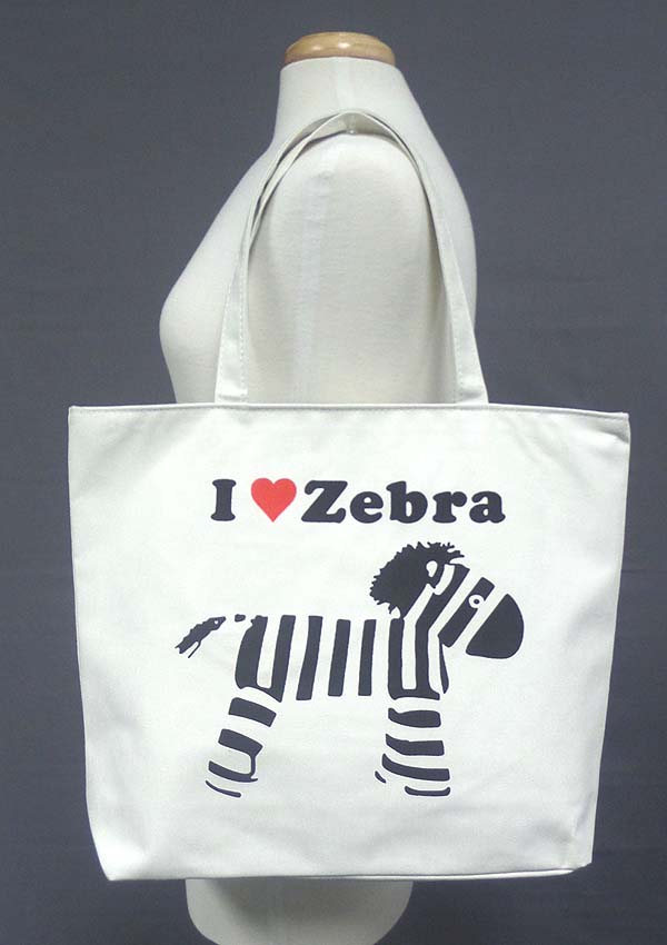 Zipper top canvas shoulder bag - i love zebra