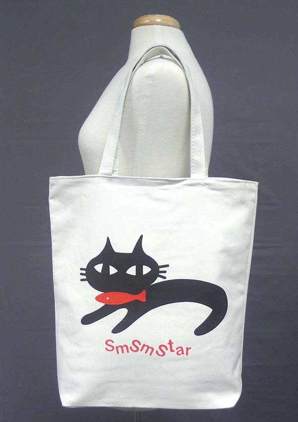 Zipper top canvas shoulder bag - fish and cat