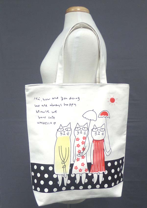 Zipper top canvas shoulder bag - 3 cats