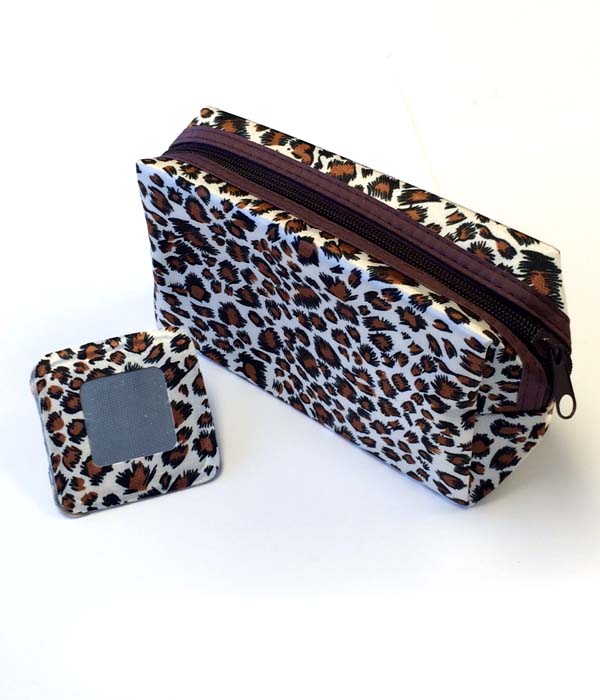 Leopard print and zipper top cosmetic pouch and hand mirror set