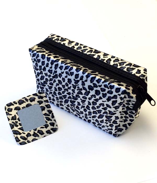 Leopard print and zipper top cosmetic pouch and hand mirror set