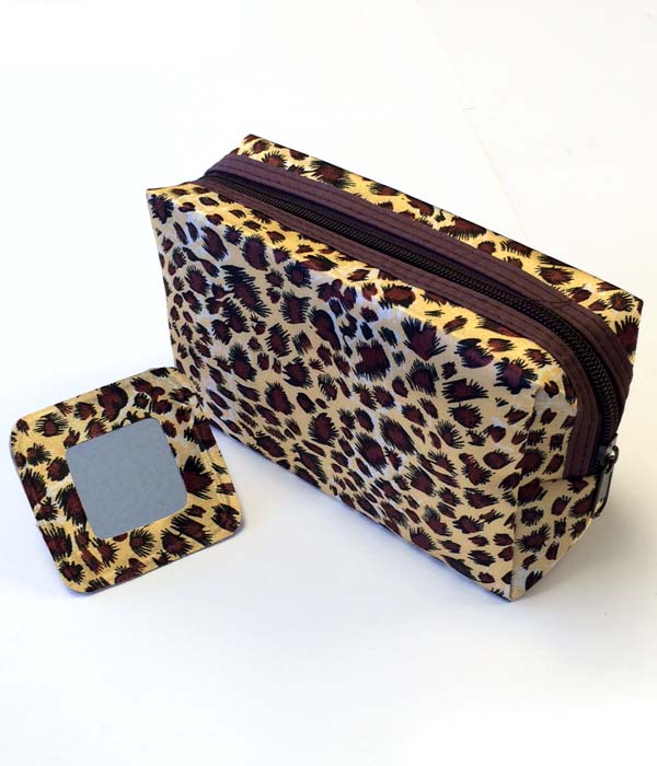 Leopard print and zipper top cosmetic pouch and hand mirror set