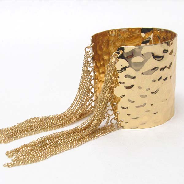 Hammered and multi chain tassel wide metal bangle bracelet