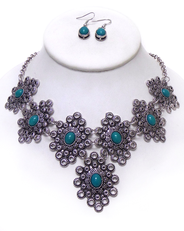 Turquoise stone metal linked shape necklace set 