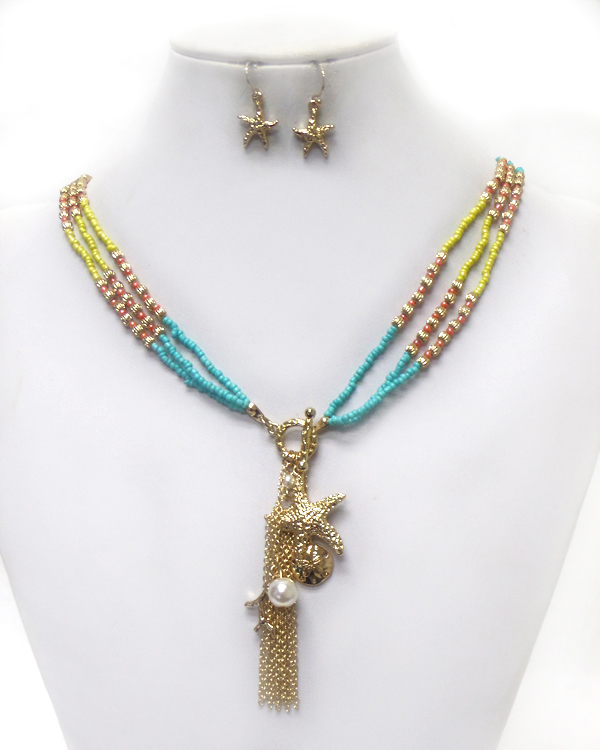 Three layer seedbeads sealife charm necklace set