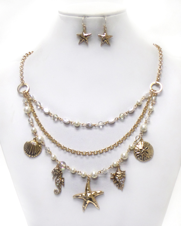 Multi layer sea life drop charms necklace set 