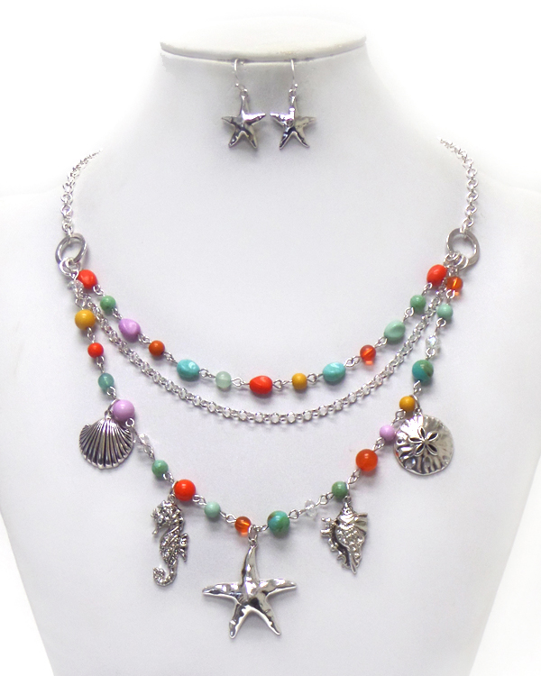 Multi layer sea life drop charms necklace set 