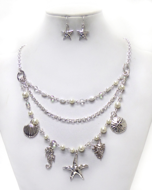 Multi layer sea life drop charms necklace set 