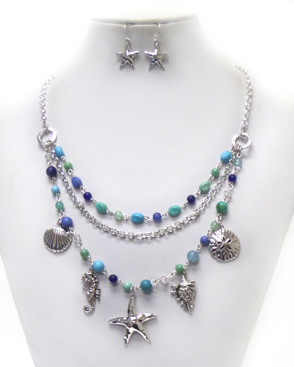 Multi layer sea life drop charms necklace set