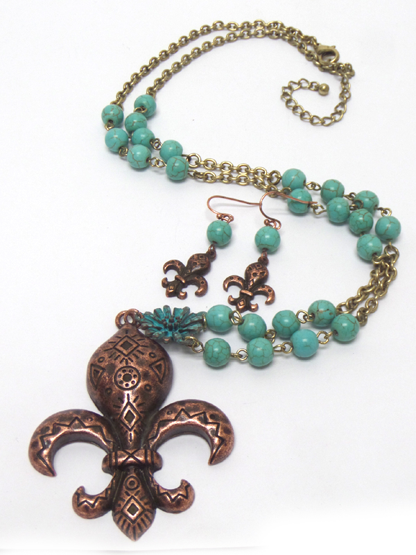 Burnish metal fleur de lis with turquoise stone necklace set  