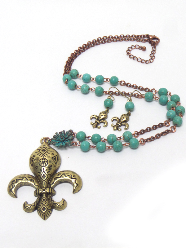 Burnish metal fleur de lis with turquoise stone necklace set  