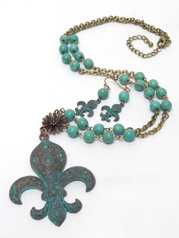 Burnish metal fleur de lis with turquoise stone necklace set  
