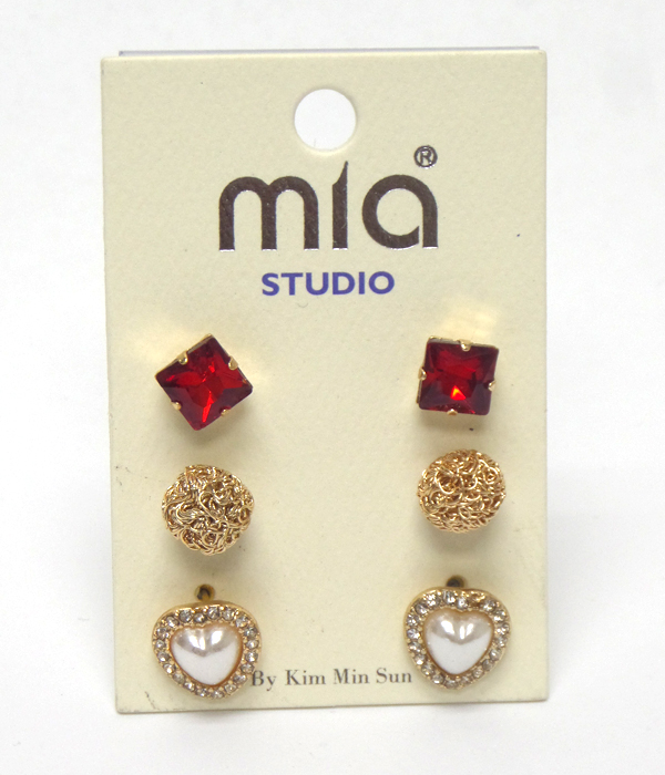 Heart cube mixed shape earring 3 pair earring set