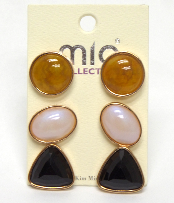 Multi shape stone stud 3 pair earring set