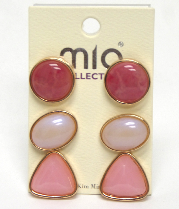 Multi shape stone stud 3 pair earring set