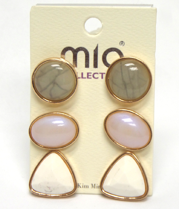 Multi shape stone stud 3 pair earring set