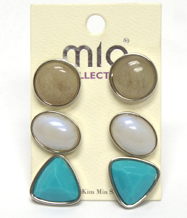 Multi shape stone stud 3 pair earring set