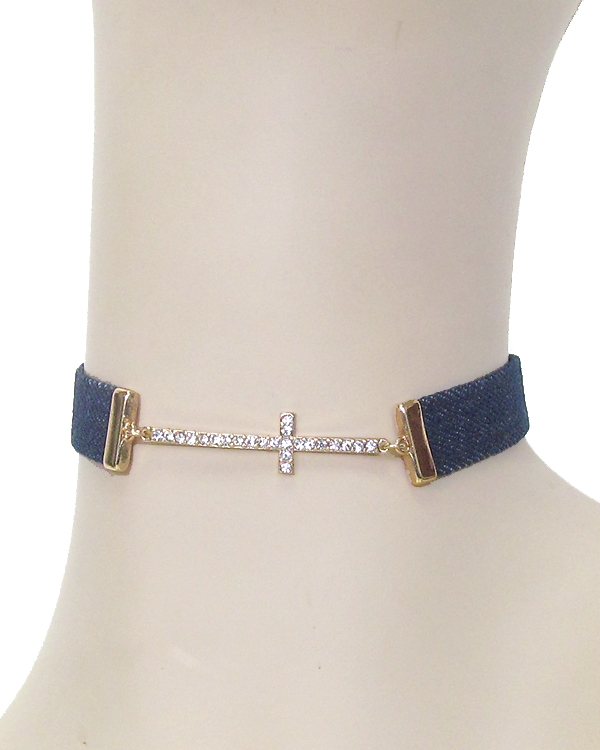 Crystal cross and denim choker necklace