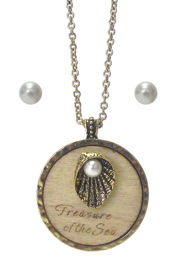 SEALIFE THEME WOOD PENDANT NECKLACE SET - SHELL