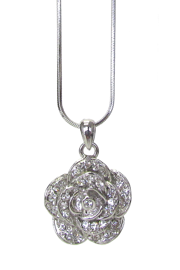 WHITEGOLD PLATING CRYSTAL ROSE PENDANT NECKLACE