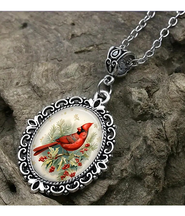Vintage oval bird necklace - cardinal