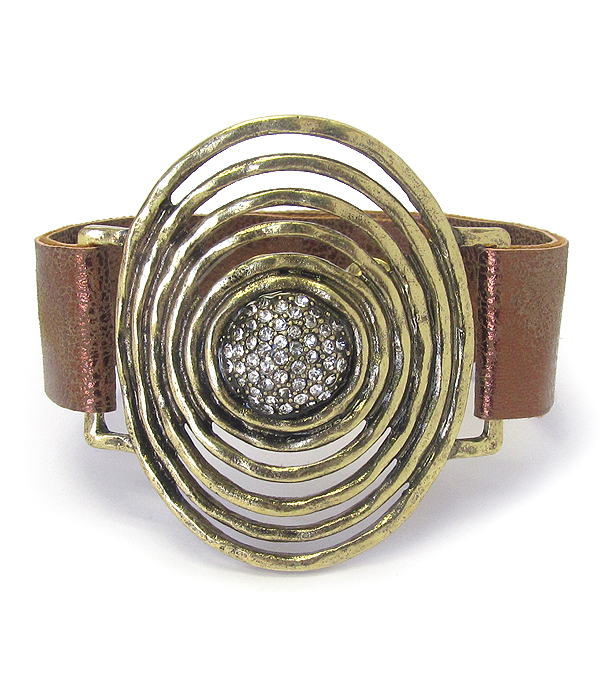 Crystal center metal oval leatherette band bracelet