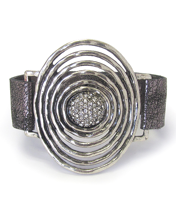Crystal center metal oval leatherette band bracelet
