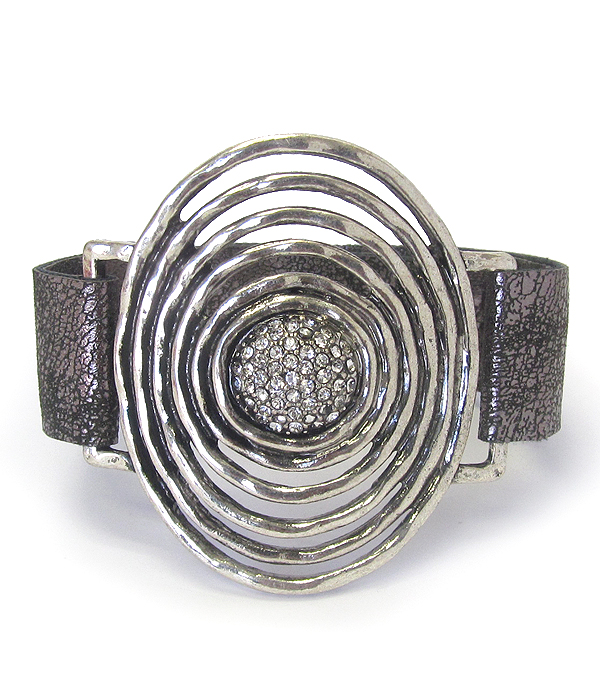 CRYSTAL CENTER METAL OVAL LEATHERETTE BAND BRACELET