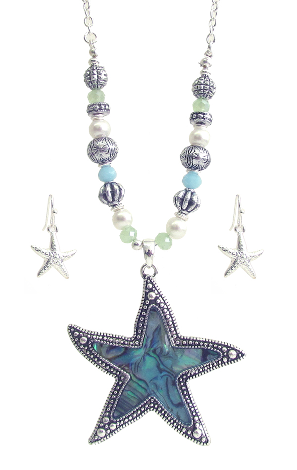 Abalone starfish pendant and multi bead necklace set