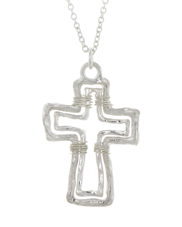 Handmade worn silver layered and wire wrap cross necklace