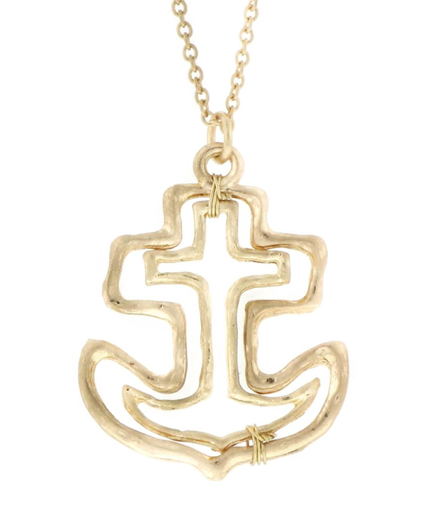 Handmade worn gold layered and wire wrap anchor necklace