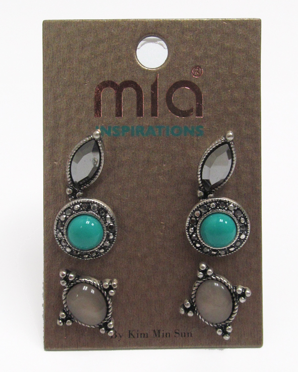 Mixed genuine stone three pair earring set 