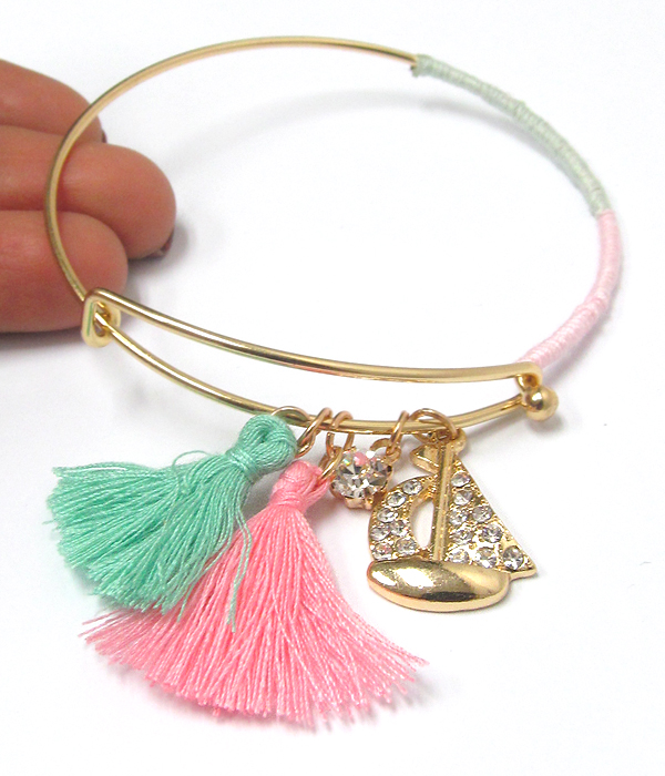 Sealife and pom wire bangle bracelet - sail boat