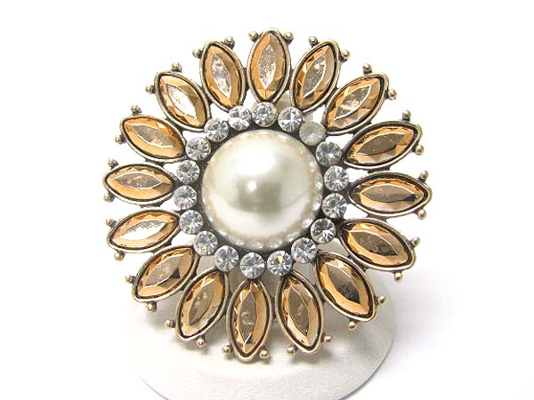 Crystal and acryl stone deco flower stretch ring