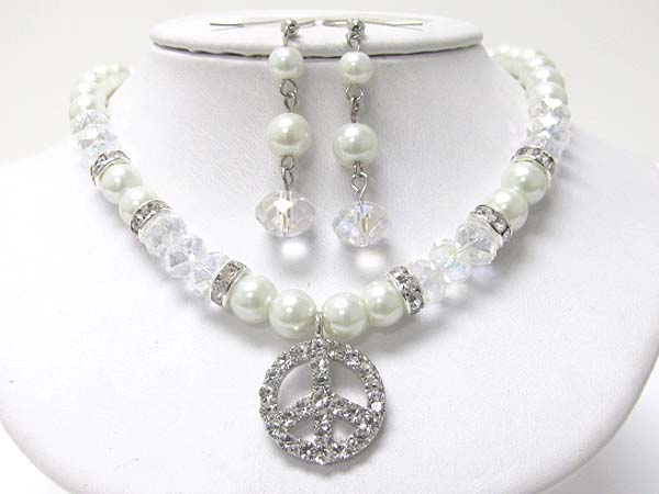 Crystal and pearl peace mark pendant neckalce set