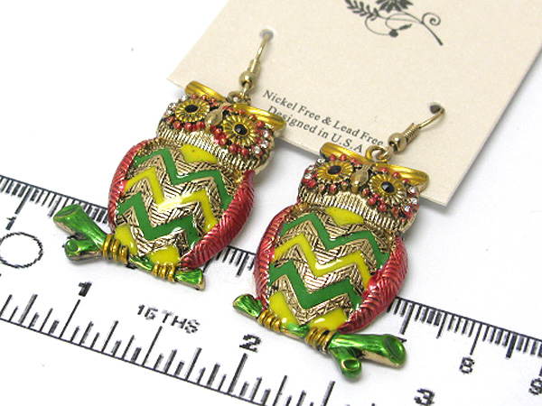 Crystal eyes and epoxy body owl drop earring