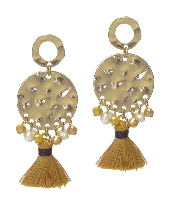 THREAD TASSEL AND PEARL DANGLE DISC EARRING