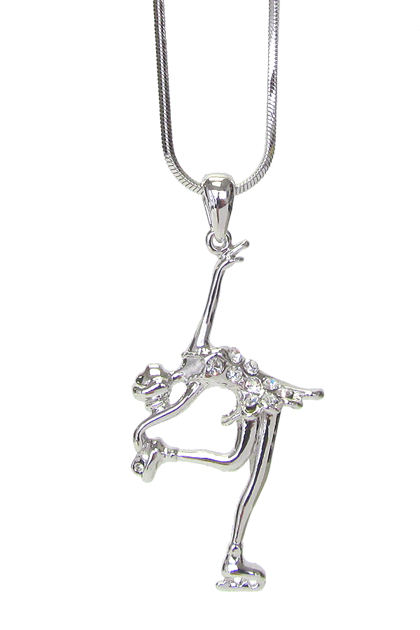 WHITEGOLD PLATING CRYSTAL FIGURE SKATING PENDANT NECKLACE