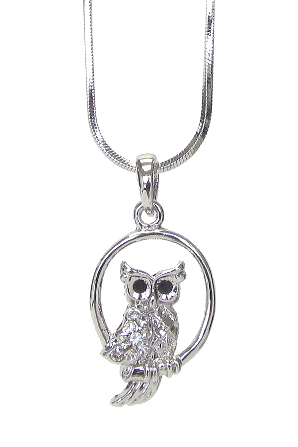 WHITEGOLD PLATING CRYSTAL OWL PENDANT NECKLACE