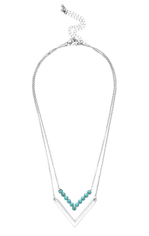Semi precious stone chevron pendant double necklace set