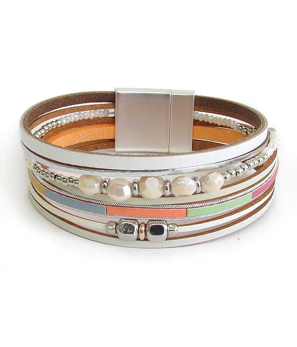 MULTI LAYER LEATHERETTE AND BEADS MIX MAGNETIC BRACELET