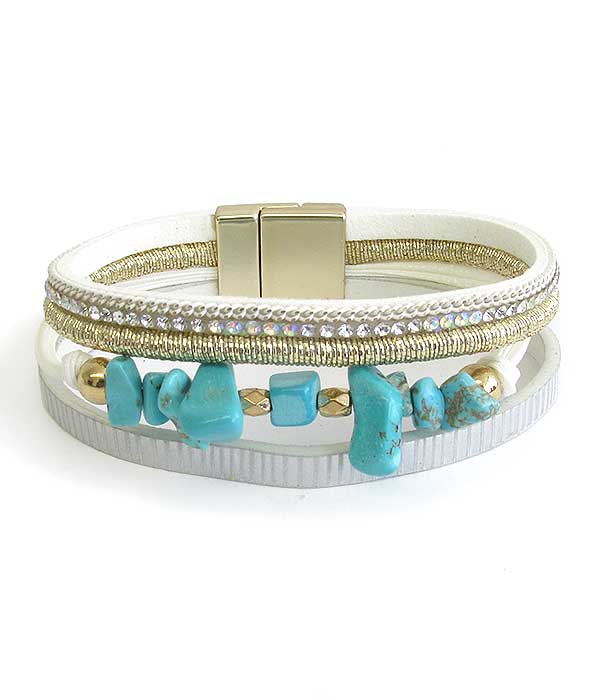 TURQUOISE BEAD AMD MULTI LAYER LEATHERETTE MAGNETIC BRACELET