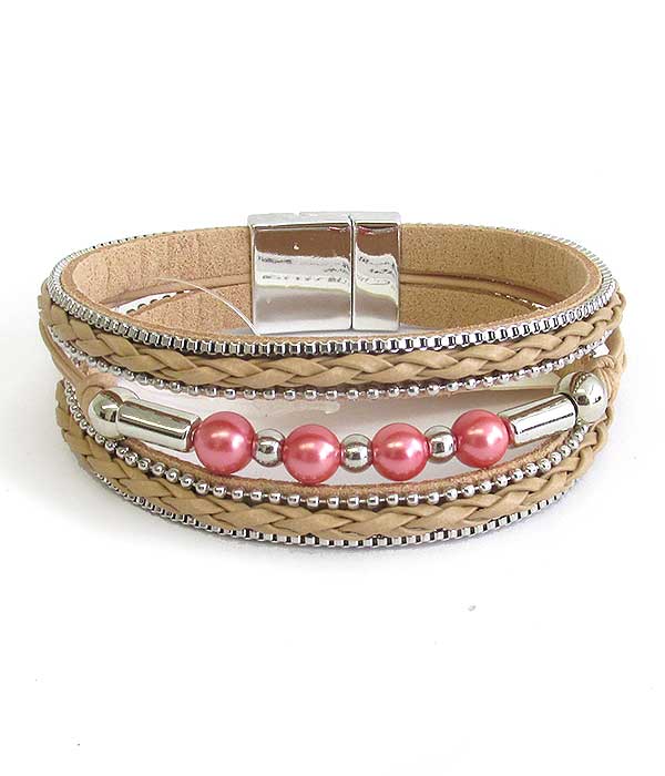 Multi layer woven leatherette and ball bead magnetic bracelet