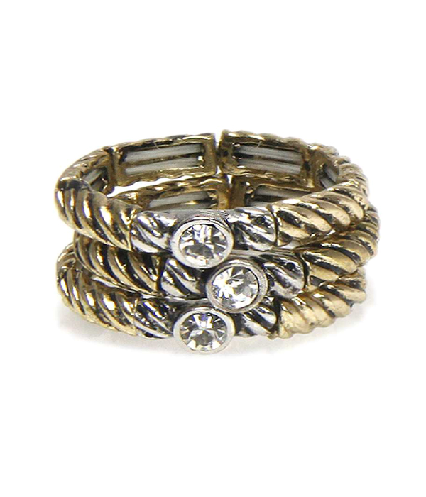 Crystal and textured stackable multi stretch ring combo set of 3