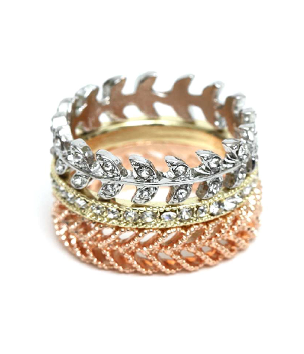 Crystal leaf stackable multi ring combo set of 3