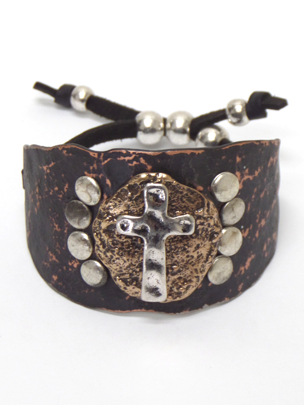 Metal textured with cross pull and tie bracelet