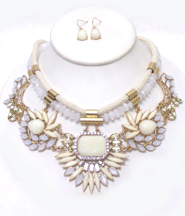 Two layer rope with multi crystals flower drop necklace set 