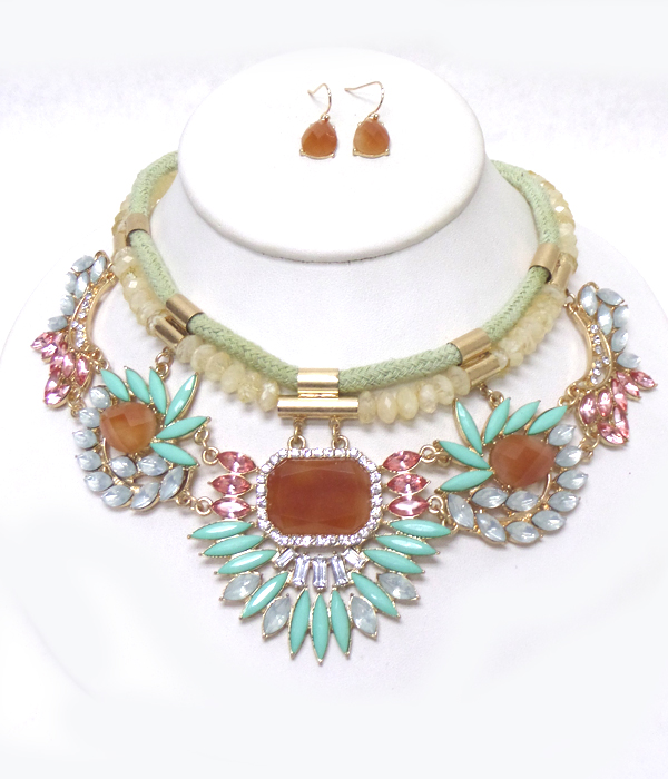 Two layer rope with multi crystals flower drop necklace set