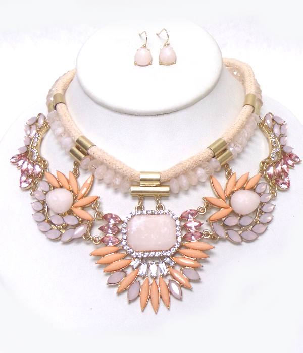 Two layer rope with multi crystals flower drop necklace set 