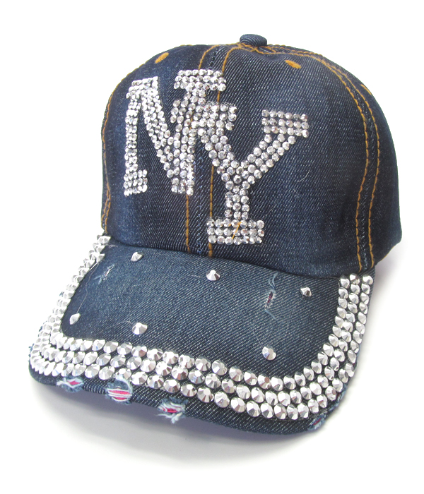 Rhinestone worn denim baseball cap - ny